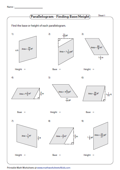 Area Of Rectangles And Parallelograms Worksheet Base Height